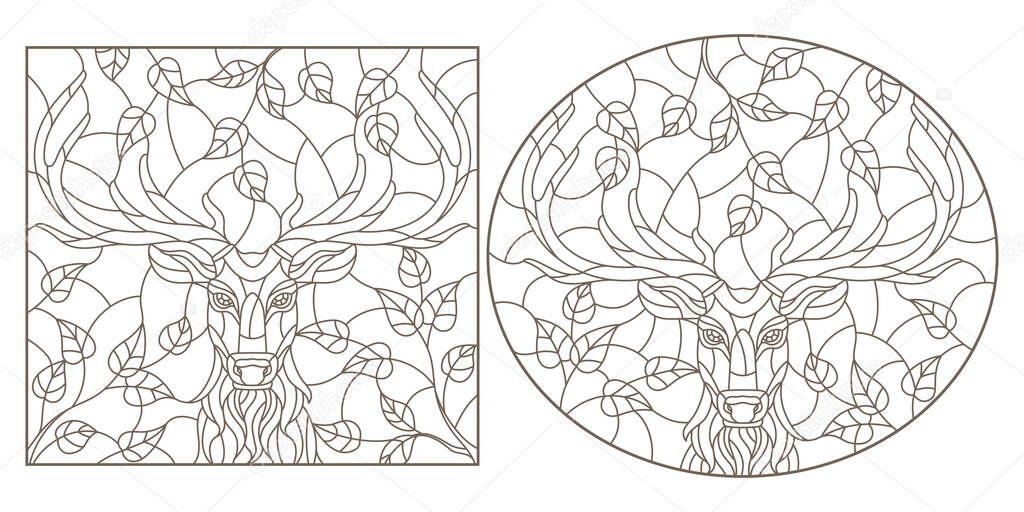 Set of contour illustrations in stained glass style with portraits of deers, dark contours on a white background