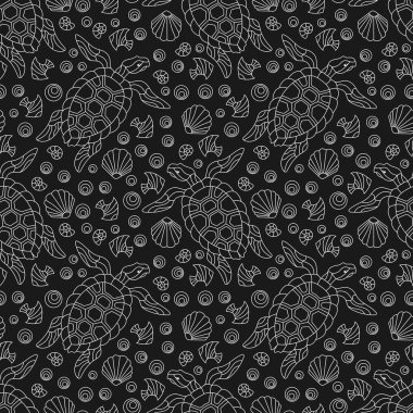 Geometrik dış hatları, kaplumbağaları ve deniz kabukları olan kusursuz desenler. Karanlık arka planda ışık hatları olan hayvanlar.