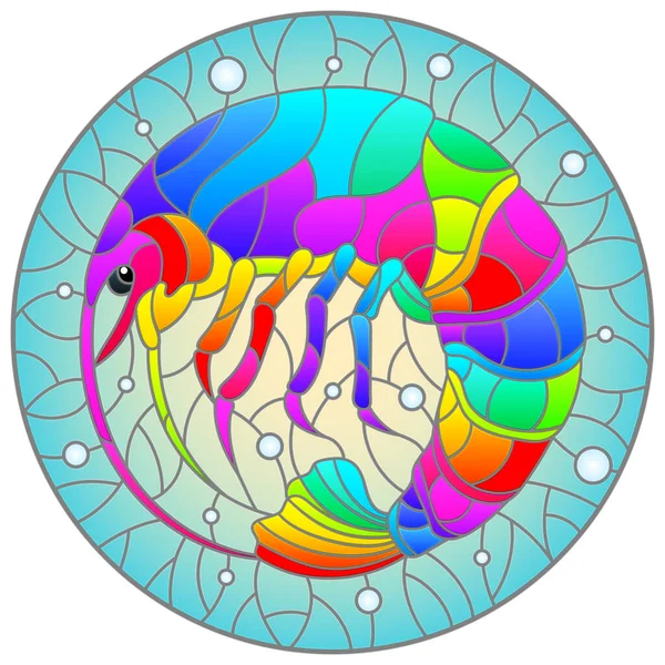 水や気泡を背景に虹色のエビが描かれたステンドグラスのイラスト 丸みのあるイメージ — ストックベクタ