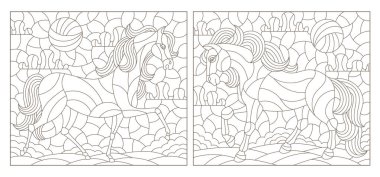 Renkli cam tarzında, arka planda atlar, beyaz arka planda koyu hatlar ve dikdörtgen görüntüler içeren bir dizi çizim.