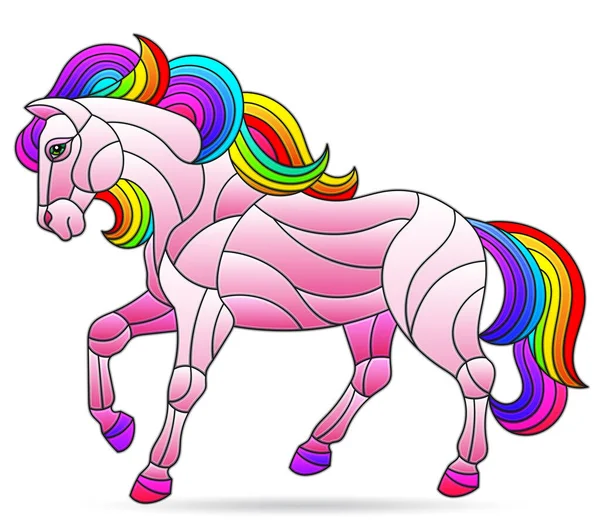 独立した要素を持つステンドグラススタイルのイラスト 白い背景に明るいピンクの馬 — ストックベクタ