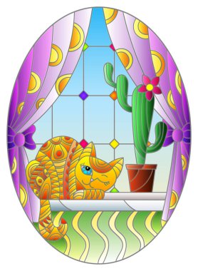 Pencerenin ve perdelerin arkasında kırmızı bir kedi ve kaktüs olan bir tencere ve oval bir görüntü olan vitray şeklinde bir resim.