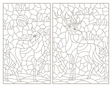 Mozaik arka planda geyik, beyaz arka planda koyu çizgiler ve boyalı cam tarzında çizimler.