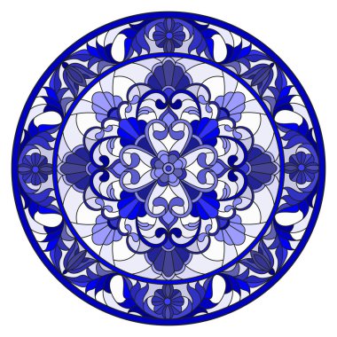 Soyut çiçekleri, açık arkaplanda girdapları ve yaprakları, çerçevede yuvarlak resmi, ton mavisi