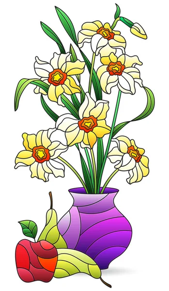 Ilustrace Stylu Barevného Skla Izolovaným Prvkem Kytice Narcisů Ovoce Bílém — Stockový vektor