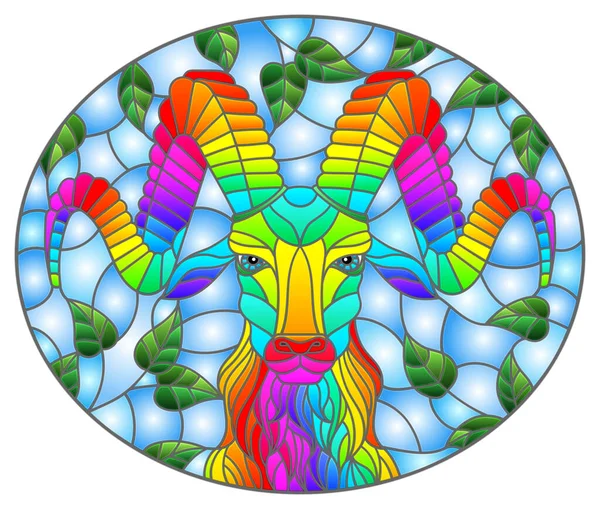 Illustration Glasmalereistil Mit Dem Kopf Eines Regenbogenwidders Auf Einem Hintergrund — Stockvektor
