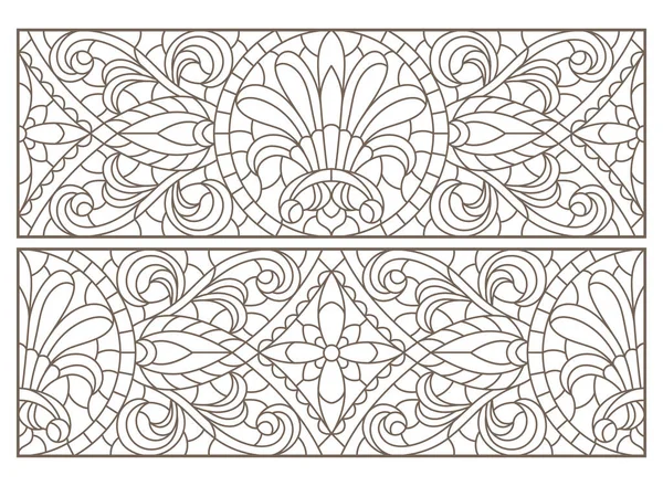 Conjunto Ilustraciones Contorno Vidrieras Con Remolinos Abstractos Flores Orientación Horizontal — Vector de stock