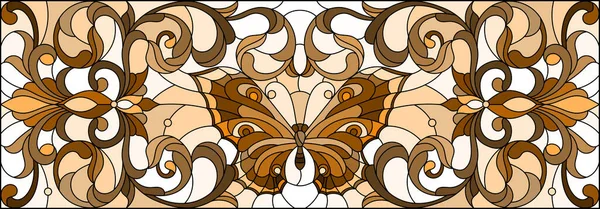 明るい蝶とステンドグラスのスタイルでイラスト 花や渦巻く光の背景 水平イラスト トーンブラウン セピア — ストックベクタ