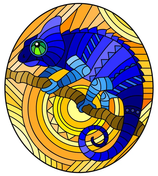 Ilustración Estilo Vitral Con Camaleón Azul Geométrico Abstracto Sol Sobre — Vector de stock