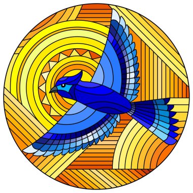 Soyut geometrik mavi kuş ve turuncu zemin üzerinde güneş olan boyalı cam tarzı bir resim.