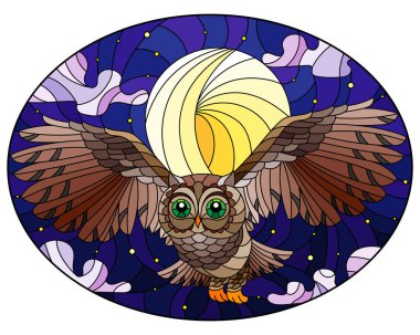 Yıldızlı bir gökyüzünde ay ve bulutlarla, oval bir görüntüyle, soyut bir baykuşun uçtuğu boyalı cam tarzı bir resim.
