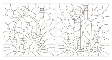 Durgun yaşamlı vitrinler, bir şişe şarap ve meyve, beyaz arka planda koyu çizgiler.