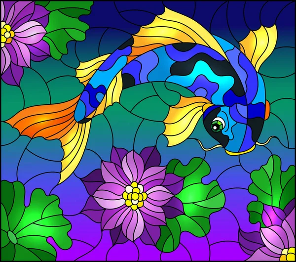 Illustration Vitrail Avec Une Carpe Koï Sur Fond Lotus Violets — Image vectorielle