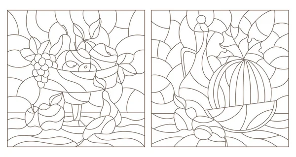 一套彩色玻璃窗的轮廓图片集 画面静止不动 一个水壶 切好的西瓜和水果 白色背景上的深色轮廓 — 图库矢量图片
