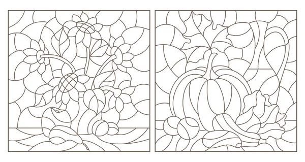 一套色彩斑斓的玻璃图案 蔬菜和花卉依然鲜活 白色背景上的深色轮廓 — 图库矢量图片