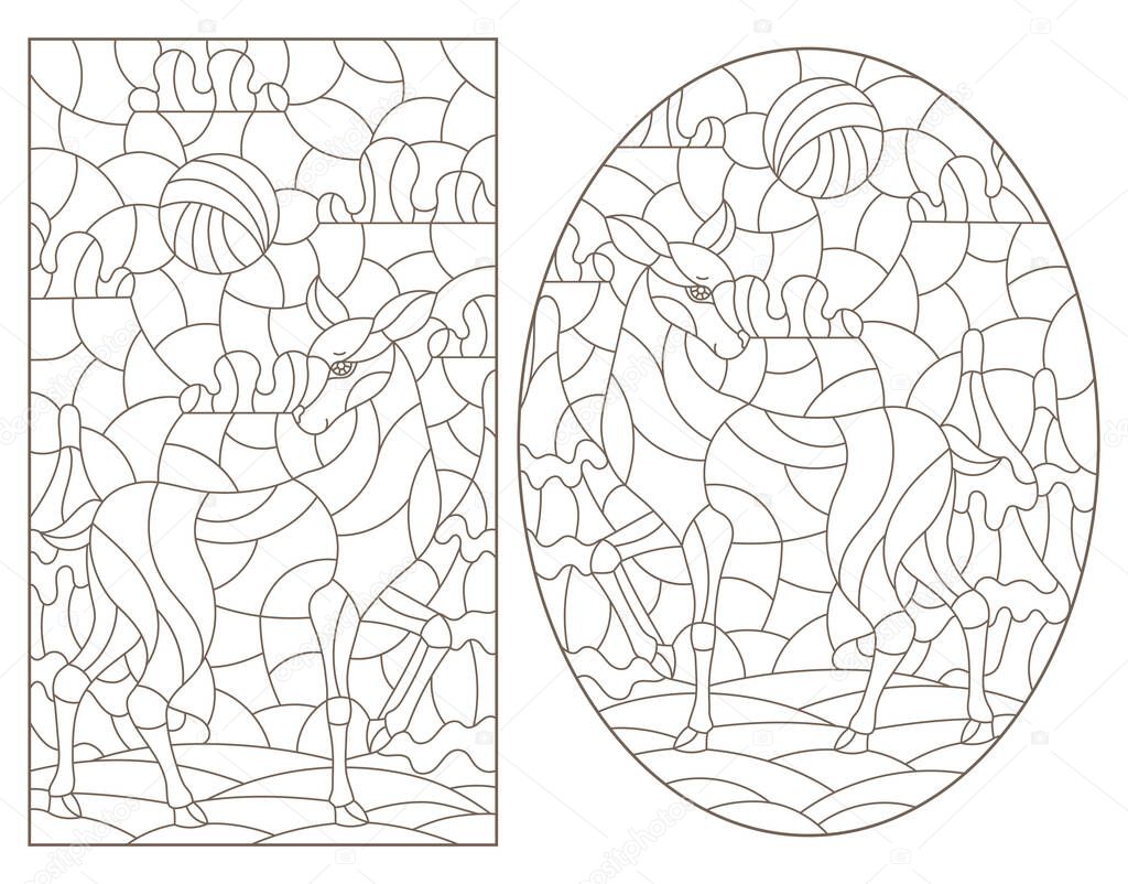 Set of contour illustrations in stained glass style with deer on landscape background, dark outlines on white background