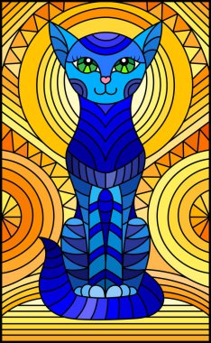 Soyut geometrik mavi kedi ve soyut turuncu arka planda güneş ile boyalı cam tarzı bir resim