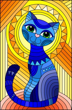 Soyut geometrik mavi kedi ve soyut turuncu arkaplan üzerinde güneş ve dikdörtgen resim ile boyalı cam tarzında bir resim