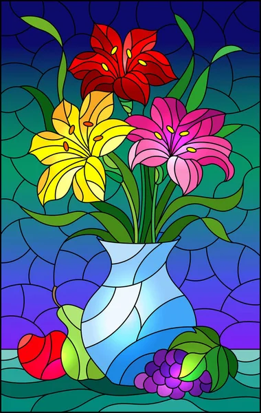 Ilustración Estilo Vitral Con Ramos Flores Lirio Brillante Una Jarra — Vector de stock