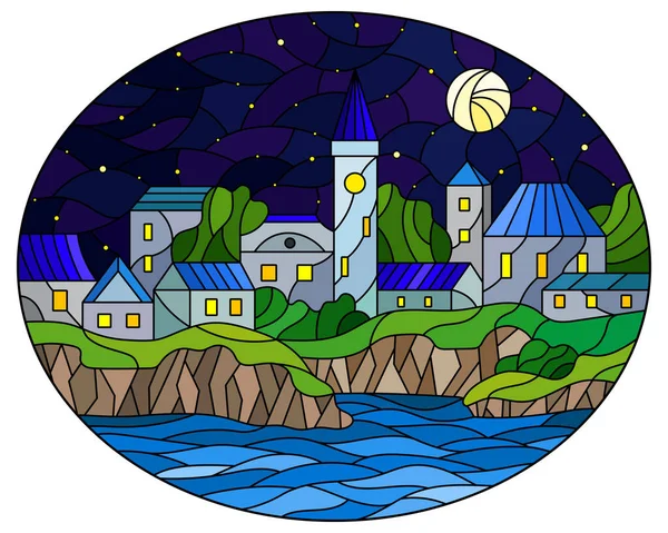 Ilustração Estilo Vitral Com Rio Cidade Fundo Céu Estrelado Noite — Vetor de Stock