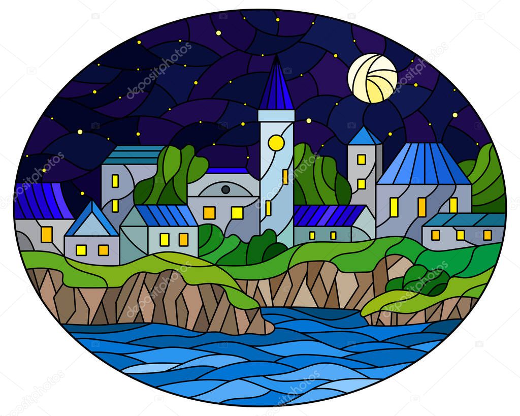 Illustration in stained glass style with river and city on the background of starry night sky and the moon, oval image