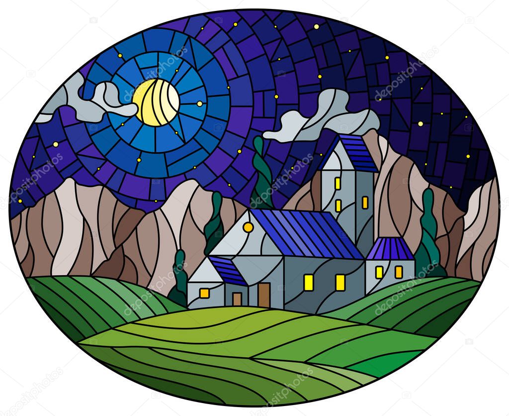 Illustration in stained glass style landscape with a lonely house amid field, starry night sky and moon