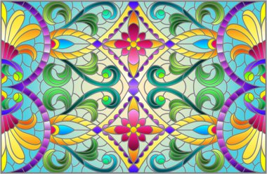 Mavi arkaplan üzerinde soyut çiçekler, yapraklar ve kıvrımlar, dikdörtgen yatay görüntü ile renklendirilmiş cam tarzında resimleme