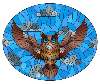 Illustration in stained glass style with abstract brown owl flying on sky background with clouds , oval image