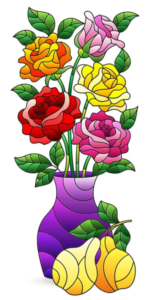Illustration Stained Glass Style Isolated Element Bouquet Roses Vase Fruit — Wektor stockowy