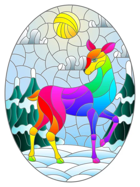 Иллюстрация Витражном Стиле Абстрактным Радужным Оленем Фоне Зимнего Пейзажа Овальное — стоковый вектор