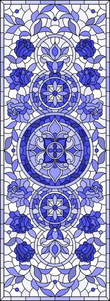 色彩斑斓的玻璃图案 带有抽象的花朵 旋涡和叶子 背景浅 垂直方向 色调蓝 — 图库矢量图片