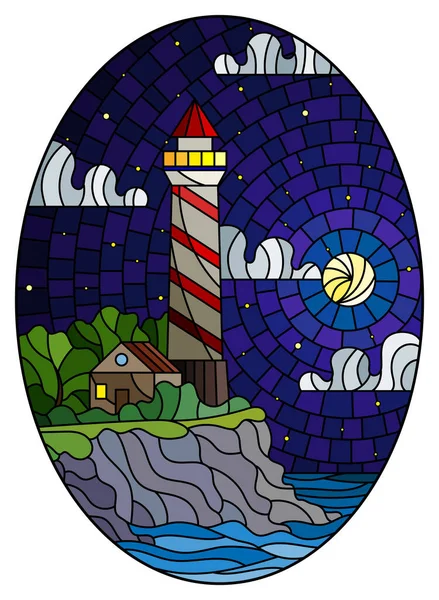 ภาพประกอบในสไตล กระจกส ประภาคารบนพ นหล งของทะเลและท องฟ ากลางค ดวงดาวและดวงจ นทร ภาพการก — ภาพเวกเตอร์สต็อก