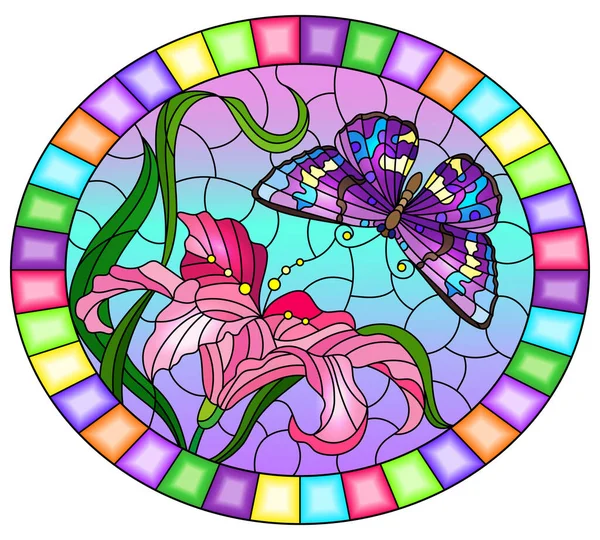 Illustration Stained Glass Style Pink Lily Flower Bright Purple Butterfly — Vector de stock