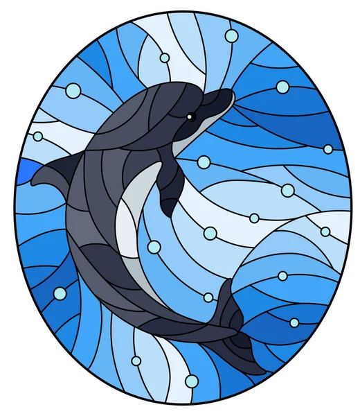 Illustration Style Stained Glass Dolphin Background Water Air Bubbles Oval — Stock Vector