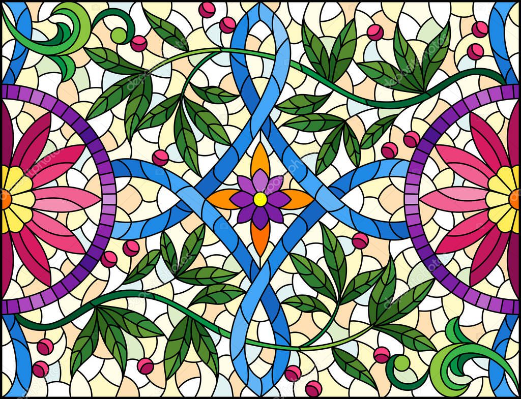 Illustration in stained glass style with abstract flowers, leaves and curls on a yellow background, rectangular horizontal image