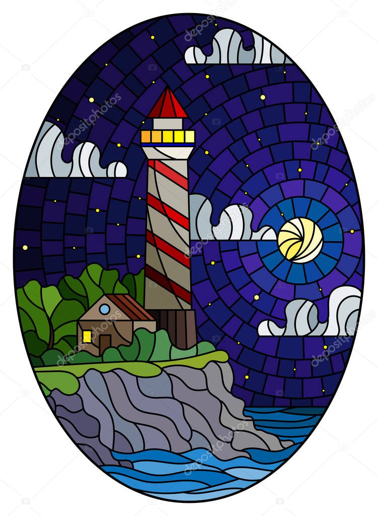 Illustration in stained glass style with a lighthouse on the background of the sea and the starry night sky and moon,oval image