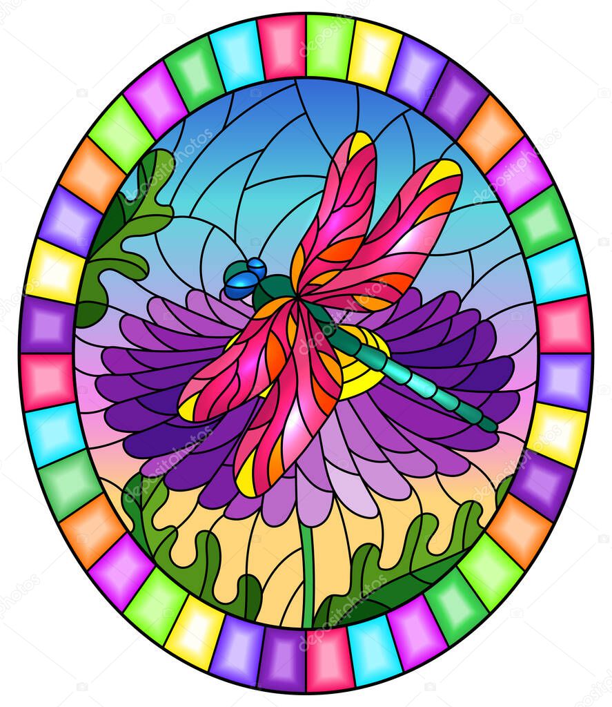 Stained glass illustration with a beautiful  flower and a bright  dragonfly against a blue sky, oval image