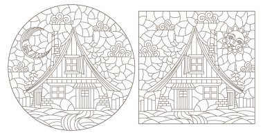 Çam ağaçlarının ve gökyüzünün arka planında konforlu kırsal evler, beyaz arka planda koyu çizgiler olan boyalı cam şekilli çizimler.