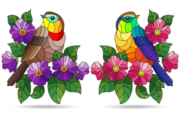 Una Serie Illustrazioni Stile Vetrate Con Simpatici Uccelli Fiori Uccelli — Vettoriale Stock