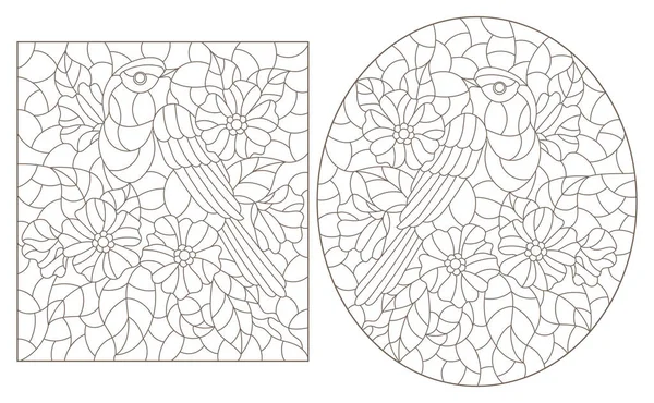 一套轮廓插图 色彩斑斓的玻璃风格 鸟类和花朵都很可爱 白色背景上有深色轮廓 — 图库矢量图片