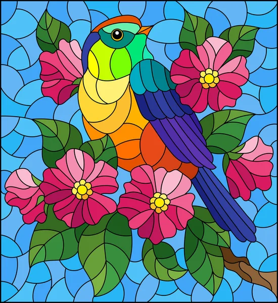 Illustration Stil Med Färgat Glas Med Vacker Ljus Fågel Bakgrund — Stock vektor