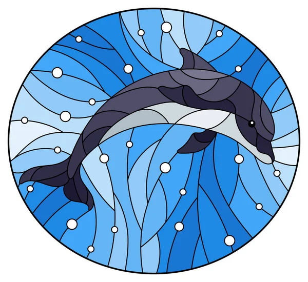 Illustration Stil Der Glasmalerei Mit Delphin Auf Einem Wasserhintergrund Und — Stockvektor