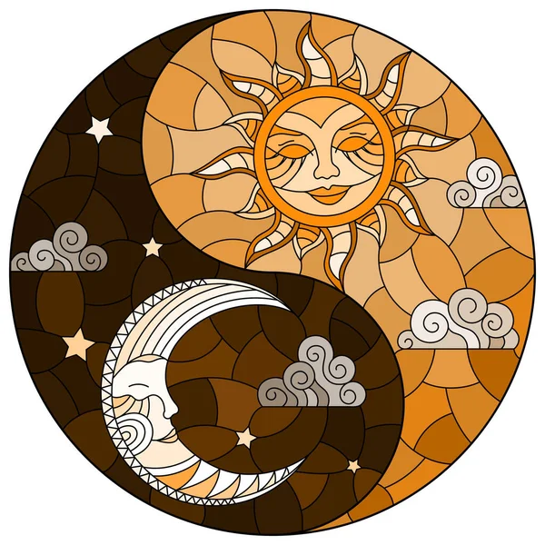 Illustration Med Sol Och Måne Himlen Bakgrund Form Yin Yang — Stock vektor