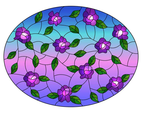 Ilustracja Stylu Witraża Przeplatanymi Purpurowymi Kwiatami Liśćmi Tle Nieba Owalny — Wektor stockowy