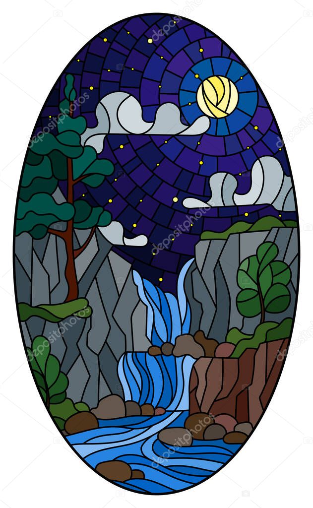 Illustration in stained glass style landscape ,the tree on the background of a waterfall, mountains, starry night skyand mon, oval image