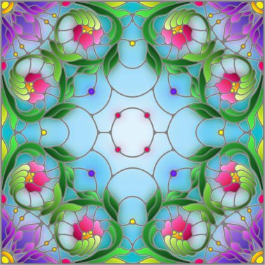 Mavi arkaplan üzerinde soyut bir çiçek düzeniyle mozaik cam tarzında resimleme, kare resim