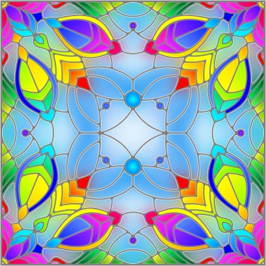 Mavi arkaplan üzerinde soyut bir çiçek düzeniyle mozaik cam tarzında resimleme, kare resim