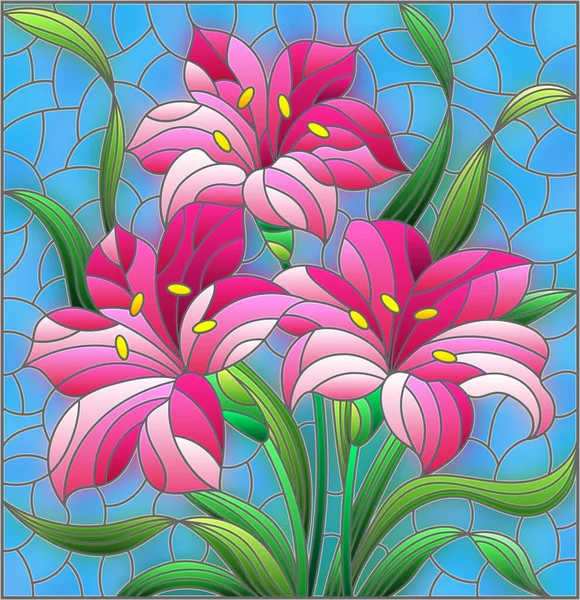 Иллюстрация Витражном Стиле Цветами Листьями Цветов Лилий Синем Фоне — стоковый вектор