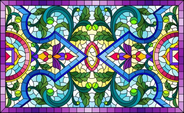 Aydınlık bir zemin üzerinde soyut çiçekler, yapraklar ve kıvrımlar, çerçeve üzerinde dikdörtgen yatay görüntü ile boyalı cam biçiminde resimleme