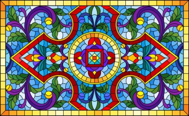 Mavi arkaplan üzerinde soyut çiçekler, yapraklar ve kıvrımlar, dikdörtgen yatay görüntü ile renklendirilmiş cam tarzında resimleme